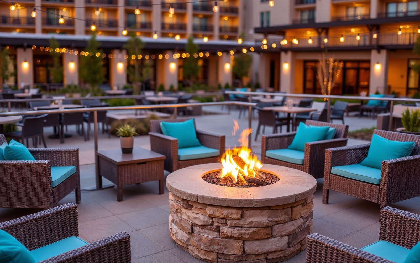 KWB Hotels select-service hotel patio with stone fire pit and lounge seating at dusk